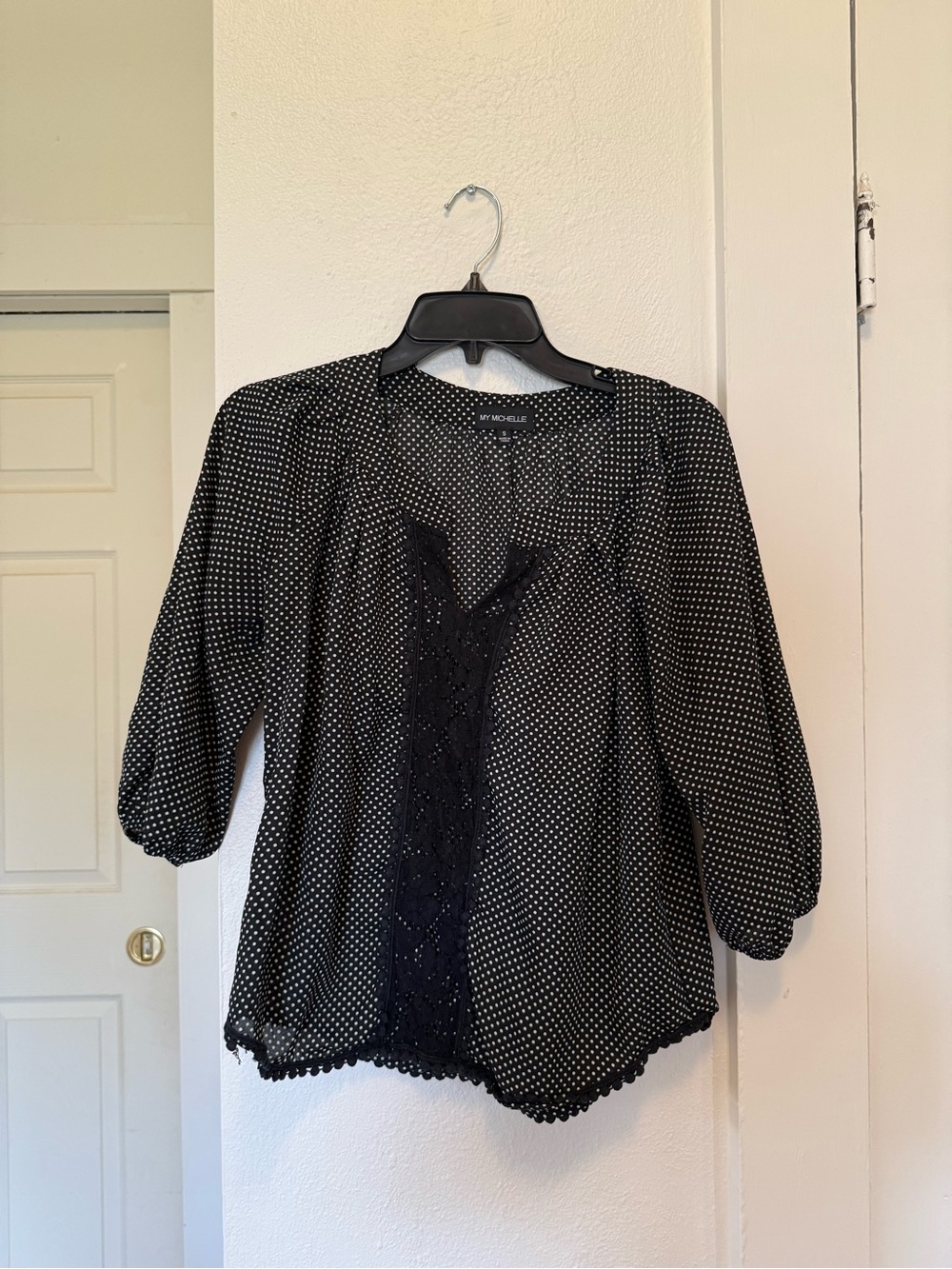 NY Collection Black Polka Dot Lace-Trim Blouse